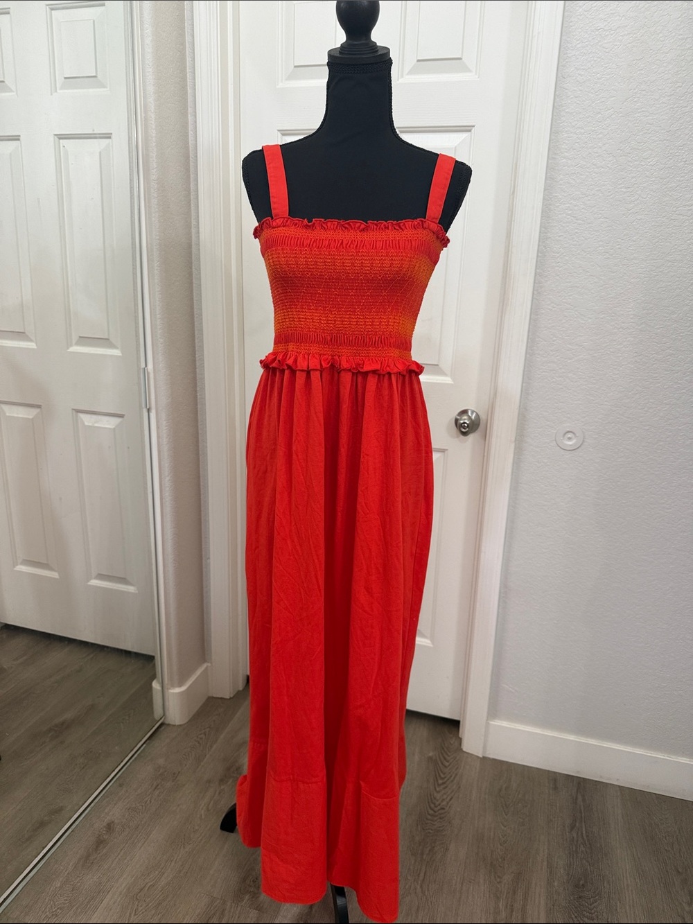 Zara Red Orange Smocked Maxi Dress with Ruffle Trim